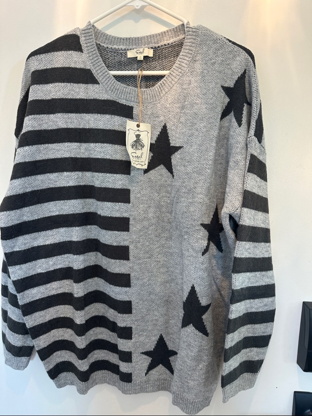 Easel Gray & Black Star Stripe Knit Sweater - Women M